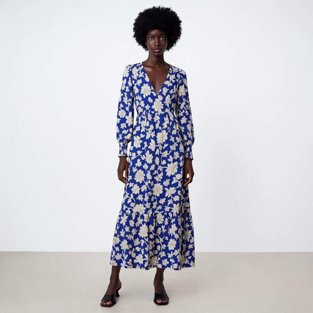 Zara Blue White Floral Plunge V-Neck 3/4 Balloon Sleeve Midi Maxi A-line Dress M - Picture 2 of 11